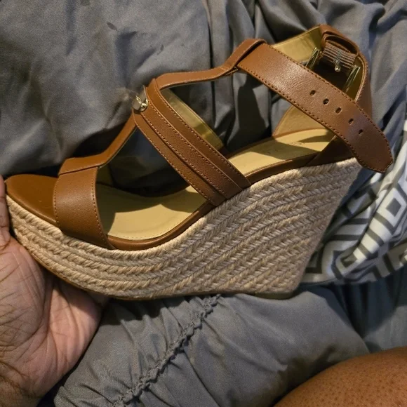 Michael Kors Tan Leather Wedge Sandals - Picture 2 of 5